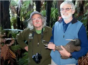  ?? CATHERINE GROENESTEI­N/ STUFF ?? Volunteers Alan Rogers and John Cooper with a kiwi, which is to be gifted a name by iwi. It was one of 10 kiwi released at Mangamingi on Saturday.
