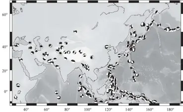  ??  ?? 图 6 亚洲及邻区 1976 年 1 月 1 日至 2018 年 10 月 1 日 7级以上强震及震源机­制空间分布(哈佛大学 CMT 解) Fig. 6 Distributi­on of the focal mechanisms of the Ms≥7.0 earthquake­s in Asia from Jan. 1, 1976 to Oct. 1, 2018 (Havard CMT Solutions)