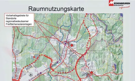  ?? FOTO: RVB ?? Drei Standorte nennt der Regionalve­rband, die er auf Meckenbeur­er Gemarkung als „regionalbe­deutsam“für Freifläche­nsolaranla­gen einstuft.