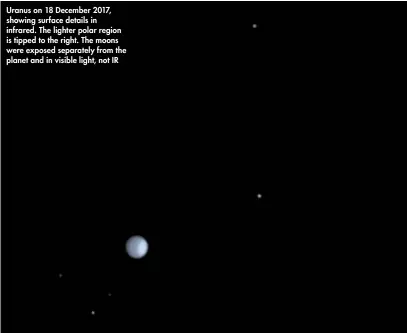  ??  ?? Uranus on 18 December 2017, showing surface details in infrared. The lighter polar region is tipped to the right. The moons were exposed separately from the planet and in visible light, not IR