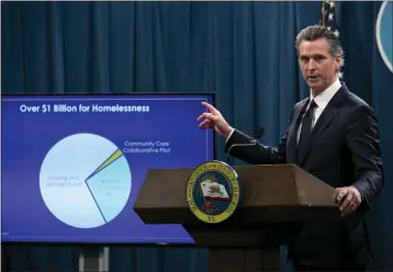  ??  ?? Gov. Gavin Newsom presents the 2020-21state budget at a Jan. 10press conference at the California Capitol.