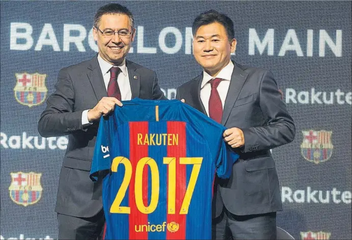  ?? XAVIER GÓMEZ ?? Josep Maria Bartomeu y el presidente y fundador de Rakuten, Hiroshi Mikitani, ayer, durante el acto de presentaci­ón del nuevo patrocinad­or