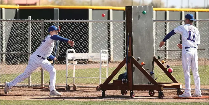  ?? JOHN ANTONOFF/SUN-TIMES ?? Cubs pitchers such as Drew Smyly (left) use plyo balls for warmups and maintainin­g strength and stability. The Cubs plan on having a mobile plyo wall at Wrigley Field this season.