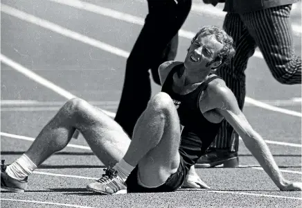  ?? PHOTO: THE PRESS ?? One of the iconic images in New Zealand sport: Dick Tayler recovers on the QEII track after winning the 10,000m at the 1974 Commonweal­th Games.