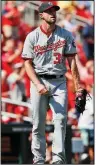  ?? AP/JEFF ROBERSON ?? Washington Nationals pitcher Max Scherzer reacts after giving up a two-run home run to St. Louis pinch-hitter Matt Wieters in the seventh inning of the Cardinals’ victory Wednesday.