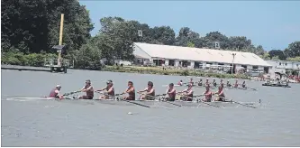  ??  ?? Two St. Catharines Rowing Club crews compete against each other in a men's eight at the Central Ontario Rowing Associatio­n Championsh­ip.