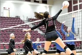  ?? Bud Sullins/Special to the Herald-Leader ?? Siloam Springs senior Madison Cooper hits the ball over the Sheridan defense Saturday in the opening round of the 6A-West Conference Tournament at Panther Activity Center.