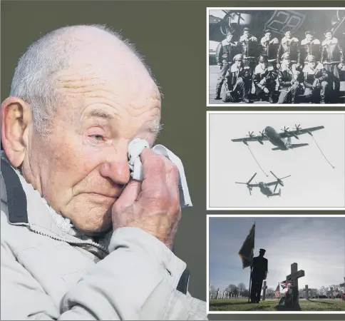  ?? PICTURES: PA WIRE. ?? POIGNANT DAY: Tony Foulds, 82, sheds a tear as he watches warplanes stage a flypast tribute to ten US airmen 75 years after he witnessed the crash that killed them; from top, the Mi Amigo crew; a USAF CV-22 Osprey (bottom) and a C-130 Hercules in the flypast; John McCarthy from the Royal British Legion pays his respects at the airmen’s graves.