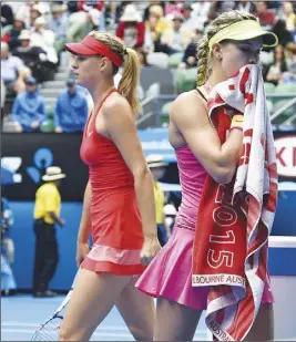  ?? Ap pHoto ?? Maria Sharapova (left) and Eugenie Bouchard are shown during a changeover in their 2015 Australian Open quarterfin­al. Bouchard called Sharapova a cheater upon the Russian’s return from a 15-month doping suspension.