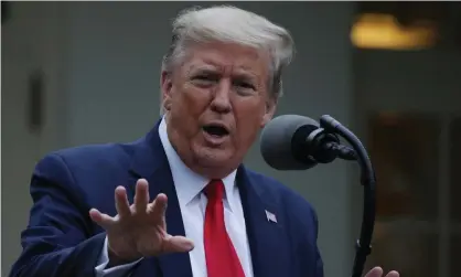  ??  ?? Donald Trump speaks in the Rose Garden at the White House Tuesday in Washington DC. Photograph:Alex Wong/Getty Images