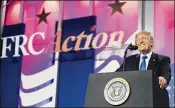  ?? TOM BRENNER / THE NEW YORK TIMES ?? President Donald Trump speaks Friday to the Value Voters Summit at the Omni Shoreham Hotel in Washington, D.C.