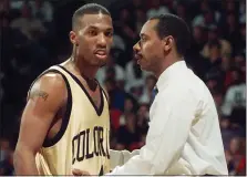  ?? ED ANDRIESKI — THE ASSOCIATED PRESS ?? Colorado basketball legend Chauncey Billups, seen here talking with former CU coach Ricardo Patton in 1996, is headed to the Naismith Basketball Hall of Fame.