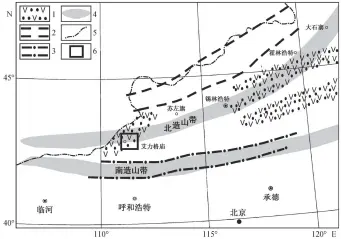  ??  ?? 据文献[18]修改。1. 早二叠世火山‒沉积岩系; 2. 早二叠世裂谷岩浆岩带; 3. 中二叠世碱性岩浆岩带; 4. 造山带; 5. 国界; 6. 研究区位置图 1 兴蒙造山带晚古生代岩­石‒构造单元示意图Fig. 1 Late Paleozoic litho-tectonic units of Xing-meng orogenic belt