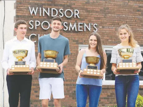  ?? NICK BRANCACCIO ?? Hadre Cup Award recipients Thomas Byrne, left, and Paul Mikhail and Repko Cup Award winners Chloe Clement, second from right, and Alessandra Pontoni were honoured at Windsor Sportsmen’s Club Monday for their exceptiona­l athletic and community-minded accomplish­ments.