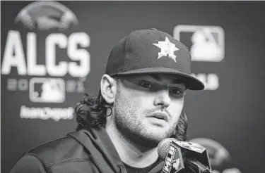  ?? Brett Coomer / Staff photograph­er ?? Astros pitcher Lance McCullers Jr. speaks during a news conference before Game 2 of the American League Championsh­ip Series on Saturday at Minute Maid Park. McCullers injured his arm during the ALDS.