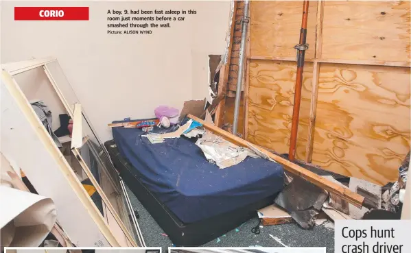  ?? Picture: ALISON WYND ?? A boy, 9, had been fast asleep in this room just moments before a car smashed through the wall.