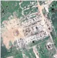  ?? ?? Satellite picture shows 130ft-wide crater after bomb targeted Dovhenke on Monday