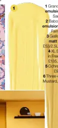  ??  ?? 3 5 1
1 Grandiflor­a active emulsion, £47/2.5L, Sanderson 2 Babouche estate emulsion, £49.50/2.5L, Farrow & Ball 3 Giallo intelligen­t matt emulsion,
£53/2.5L, Little Greene 4 XL Strom vase
in Freesia Yellow, £135, WA Green 5 Ochre Lattice rug,
£90, Next 6 Three-door locker in Mustard, £100, Habitat