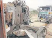  ?? HT PHOTO ?? The mangled remains of the trucks that collided head-on in Charkhi Dadri on Monday.