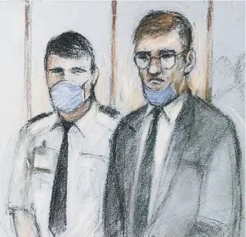  ?? ?? Court artist sketch by Elizabeth Cook of James Watson (right), appearing in the dock at the Old Bailey in London. Picture via Press Associatio­n.