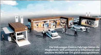  ??  ?? Die Volkswagen Elektro- Fahrtage bieten die Möglichkei­t, sich umfassend zu informiere­n und einzelne Modelle vor Ort gleich auszuprobi­eren.
