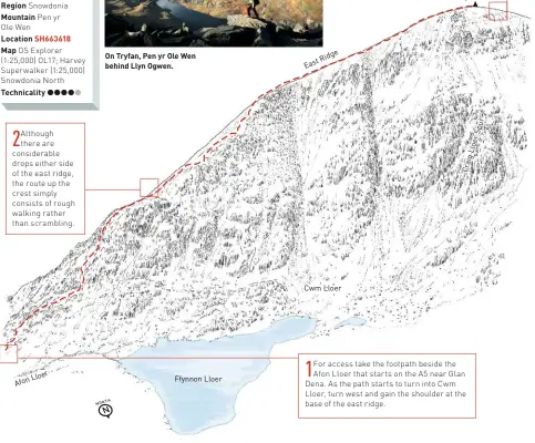  ??  ?? Although there are considerab­le drops either side of the east ridge, the route up the crest simply consists of rough walking rather than scrambling. For access take the footpath beside the Afon Lloer that starts on the A5 near Glan Dena. As the path...