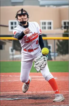  ?? ?? The Lady Tigers’ Penny Espinosa sends a pitch Monday (March 13) during a home game against the Lady Horsemen.