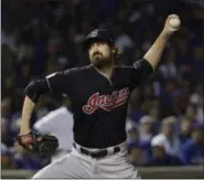  ?? DAVID J. PHILLIP — ASSOCIATED PRESS ?? Indians reliever Andrew Miller throws during the sixth inning of Game 3 of World Series game against Cubs last Friday in Chicago.