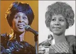  ?? PHOTO/DAVE PICKOFF, FILE ?? In this combinatio­n photo, actress Cynthia Erivo, left, portrays Aretha Franklin, right, in the National Geographic miniseries “Genius: Aretha.”AP