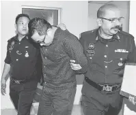  ?? — Gambar Bernama ?? TERTUDUH: Badril Hisham Abu Mansor, 40, (tengah) dihadapkan ke Mahkamah Majistret semalam, atas pertuduhan membunuh seorang eksekutif pemasaran Tan Chai Soon, 46, di sebuah hotel di Stulang Laut pada 3 Sept lepas.