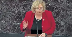  ?? GETTY IMAGES ?? In this screengrab taken from a Senate Television webcast, House impeachmen­t manager Rep. Zoe Lofgren, D-Calif., speaks during impeachmen­t proceeding­s against U.S. President Donald Trump in the Senate at the U.S. Capitol on Wednesday.