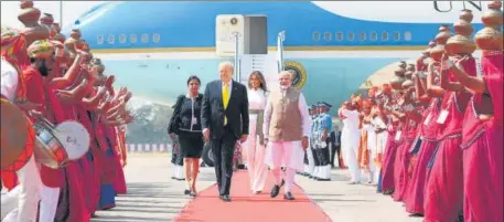  ?? AFP ?? Prime Minister Narendra Modi welcomes US President Donald Trump and First Lady Melania Trump at Sardar Vallabhbha­i Patel Internatio­nal Airport on Monday.