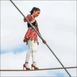  ?? WANG FEI / XINHUA ?? Nurman Guli, a Uygur girl, performs Dawaz on heels without any protection at the height of 20 meters in Urumqi, Xinjiang Uygur autonomous region, on Sept 19. Dawaz is the Uygur name for aerial tightrope walking that dates back at least 2,000 years.