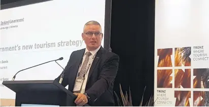  ?? PHOTO: DAVID LOUGHREY ?? Sustaining growth . . . Minister of Tourism Kelvin Davis speaks at Trenz, in Rotorua, yesterday.