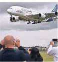  ?? FOTO: DPA ?? Besucher beobachten ein Airbus A-380 in Farnboroug­h.