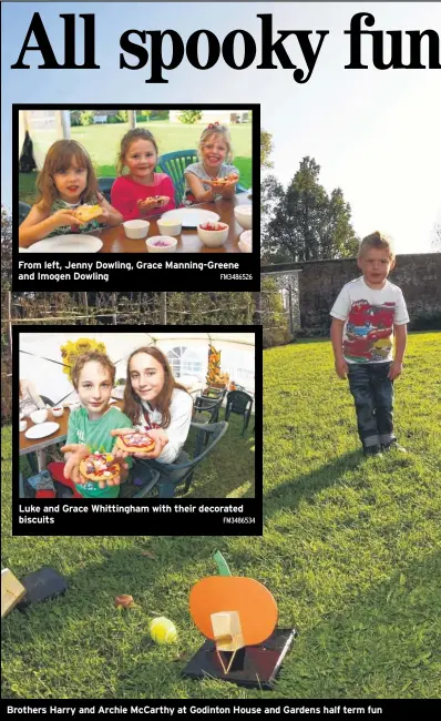  ?? FM3486526
FM3486534 ?? From left, Jenny Dowling, Grace Manning-Greene and Imogen Dowling Luke and Grace Whittingha­m with their decorated biscuits
Brothers Harry and Archie McCarthy at Godinton House and Gardens half term fun