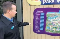  ??  ?? Aquatica vice president David Heaton shows off one of the new maps at the water park that shows for the first time detailed sensory informatio­n on the attraction­s.