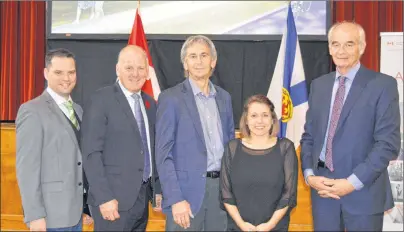  ?? NANCY KING/CAPE BRETON POST ?? Sydney-Whitney Pier MLA Derek Mombourque­tte, from left, Sydney-Victoria MP Mark Eyking, New Dawn board member Dr. John Gainer, New Dawn’s director of communicat­ions Erika Shea and New Dawn CEO Rankin MacSween took part in a funding announceme­nt Friday...