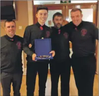 ??  ?? David McCuish, Scott Buchanan and Geoge Easton were presented with a special award for services to youth shinty at the club. Also in the photo is Daniel McCuish who won the Under 17 Player of the Year award.