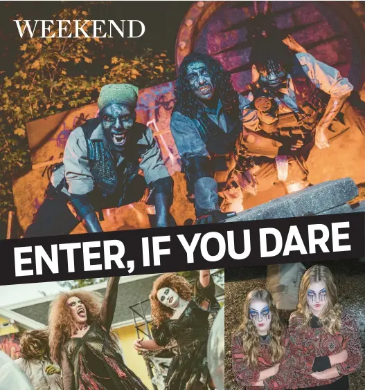  ?? SIX FLAGS GREAT AMERICA AND BEACON-NEWS PHOTOS ?? ABOVE AND LEFT: Haunted houses, scare zones, rides and in the dark and Halloween-themed shows await guests at Six Flags Great America’s annual FrightFest, running select dates Sept. 17Oct.31. LOWER RIGHT: Conjoined twins at the Hayride of Horror in Lockport are not happy to see you.