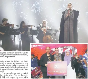  ??  ?? Dayang Nurfaizah performs ‘ Lelaki Teragung’, which was dedicated to Adenan, during the grand finale. Dayang Nurfaizah (centre) poses with Iman and Natasyah.