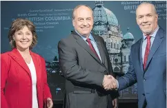  ?? B. C. BROADCAST CONSORTIUM FILES ?? Liberal Christy Clark, Green Andrew Weaver and New Democrat John Horgan at their April 26 debate.