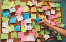  ?? AFP ?? A woman places a note on a post-it board at the offices ■ of Embrace, an NGO which runs Lebanon’s only suicide prevention hotline, in Beirut. It gets around 1,100 every month.