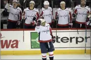  ?? BILL KOSTROUN - THE ASSOCIATED PRESS ?? Washington Capitals left wing Alex Ovechkin (8) celebrates his 700th career goal during the third period of an NHL hockey game against the New Jersey Devils Saturday, Feb. 22, 2020, in Newark, N.J.