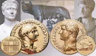  ??  ?? Zwei römische Goldmünzen (Aurei) mit den Konterfeis der Kaiser Trajan und Hadrian aus dem Angebot der Münzhandlu­ng Ritter.