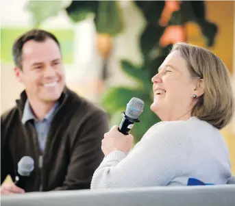  ?? PETER J. THOMPSON ?? Ottawa-based Shopify’s senior vice-president of engineerin­g Jean-Michel Lemieux, left, and Google Cloud CEO Diane Greene said Monday in Toronto that the companies are teaming up so Google Cloud will provide its worldwide data centre and network...