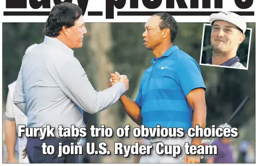 ?? AP; Getty Images ?? TICKETS TO RYDE: Phil Mickelson, Tiger Woods and Bryson DeChambeau (inset) were named captain’s picks for the U.S. Ryder Cup team on Tuesday. Jim Furyk will pick one more player next week.