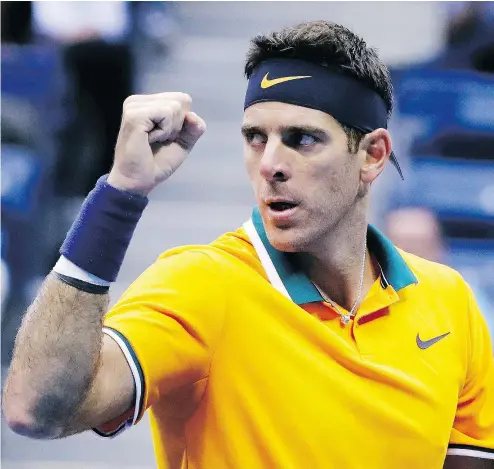  ?? — THE ASSOCIATED PRESS ?? Argentina’s Juan Martin del Potro offer a fist pump after winning a point against Spain’s Rafael Nadal in the semifinals of the U.S. Open on Friday in New York. He faces Novak Djokovic in the men’s singles finals today.