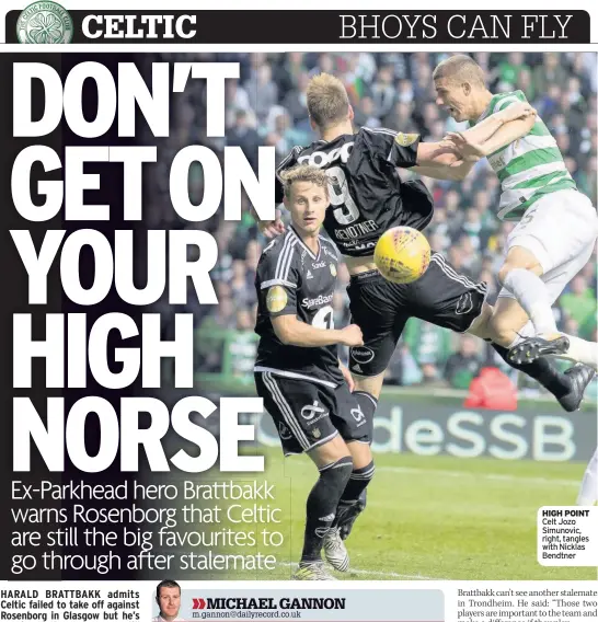  ??  ?? HIGH POINT Celt Jozo Simunovic, right, tangles with Nicklas Bendtner