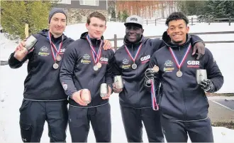  ??  ?? Adam Hames with GB team mates after medalling at the IBSF North America’s Cup in Lake Placid .